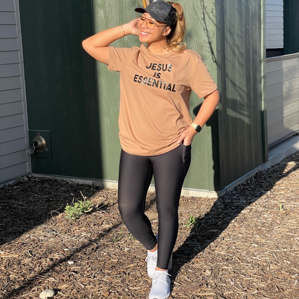 Caramel colored Women’s Christian Jesus is Essential Tshirt size Large